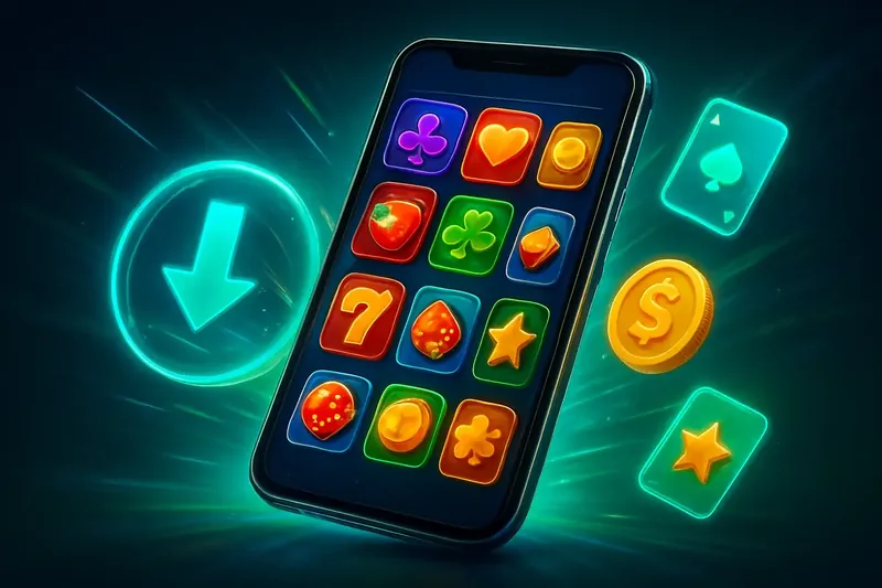 Glossy smartphone casino app banner with neon download effects