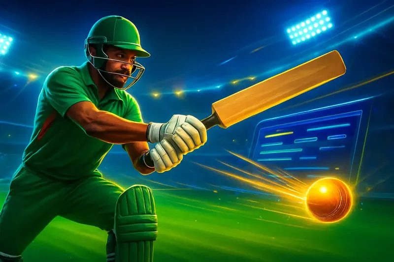 Cricket batter striking ball under stadium lights for sportsbook banner
