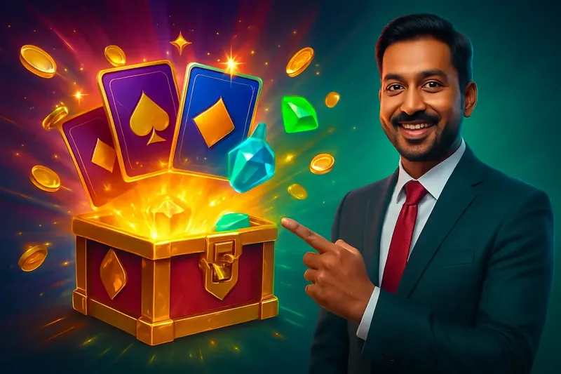 Glowing reward chest with bonus cards, coins, stars, and gems bursting out