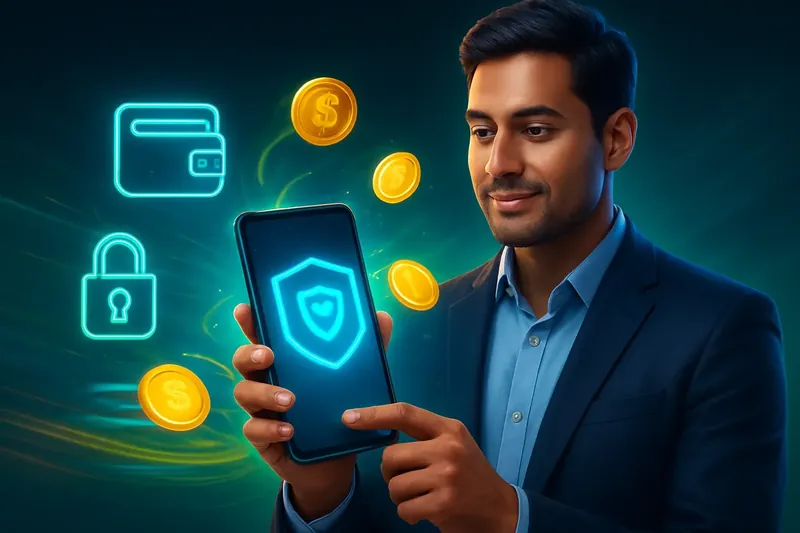 Hand holding smartphone with secure mobile wallet, coins, and speed effects