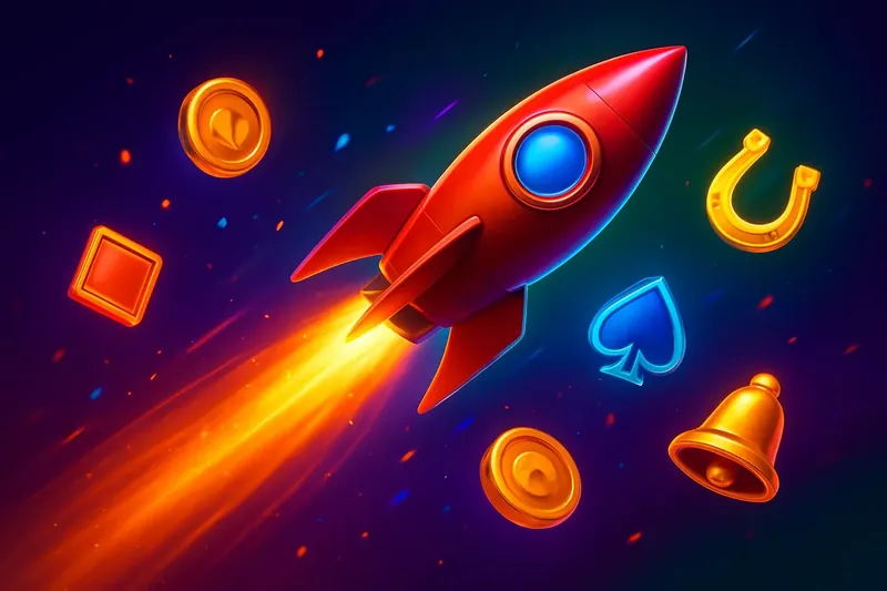 Glossy rocket launch casino banner with neon speed trails and game particles