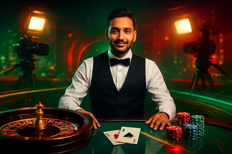 Friendly professional live dealer with roulette cards chips and studio lights
