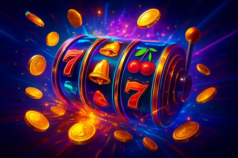 Colorful spinning slot machine reels with coins, glow, and neon sparkles